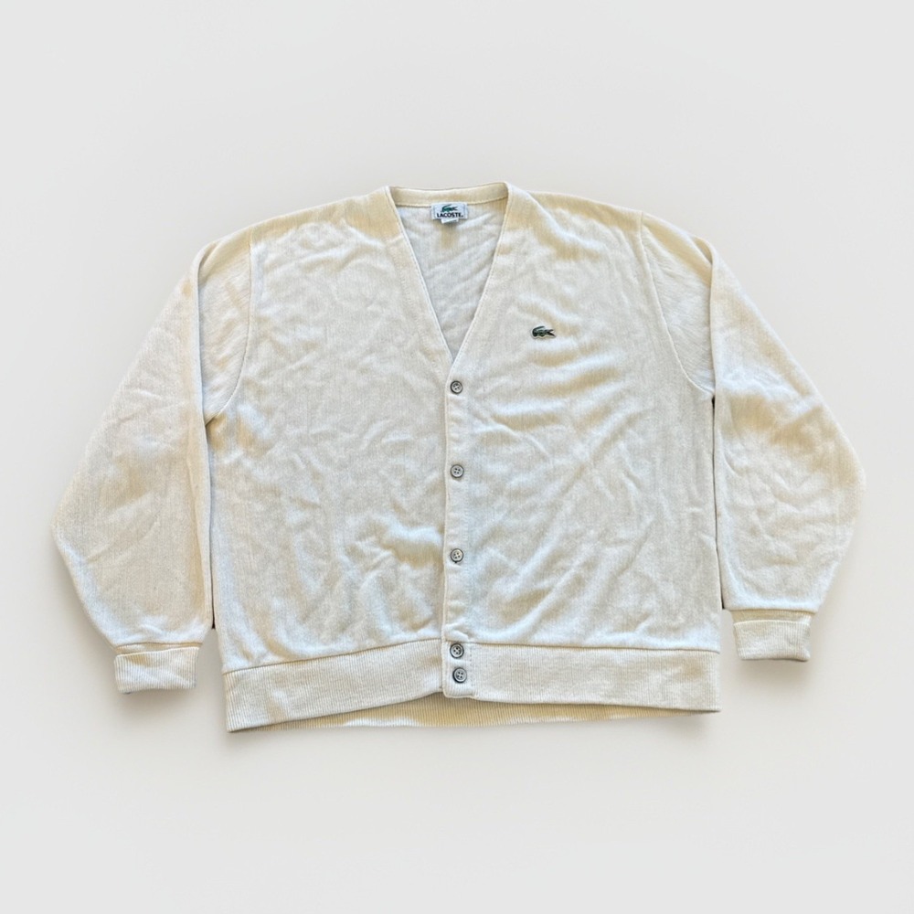 Vintage‎ Izod Lacoste Cardigan Mens XL Button Front Sweater Ivory Acrylic Knit